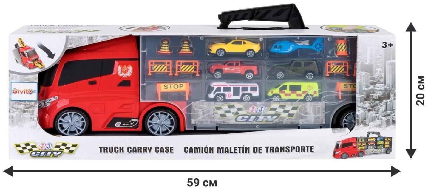 Автовоз - кейс 51,5 см, с тоннелем, 4 машинки, 1 автобус, 1 вертолет и 10 дорожных знаков