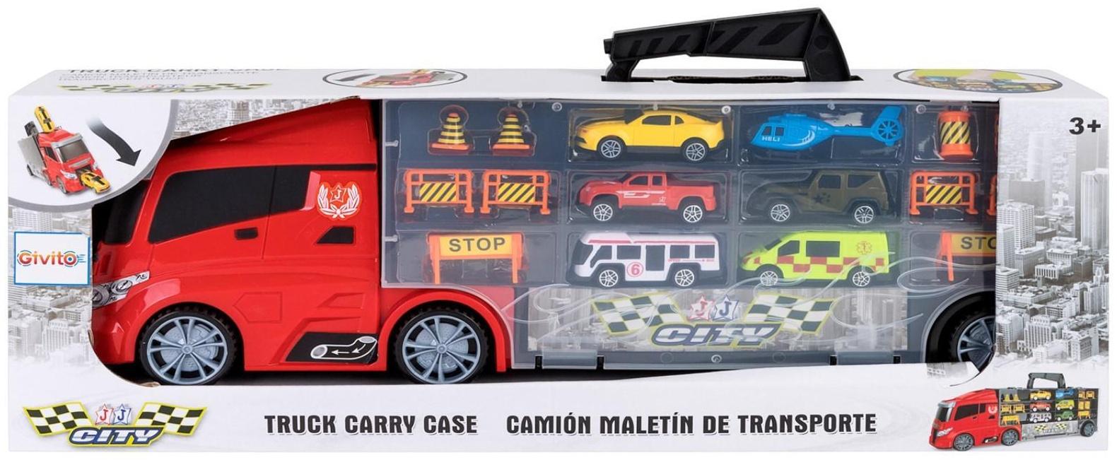 Автовоз - кейс 51,5 см, с тоннелем, 4 машинки, 1 автобус, 1 вертолет и 10 дорожных знаков