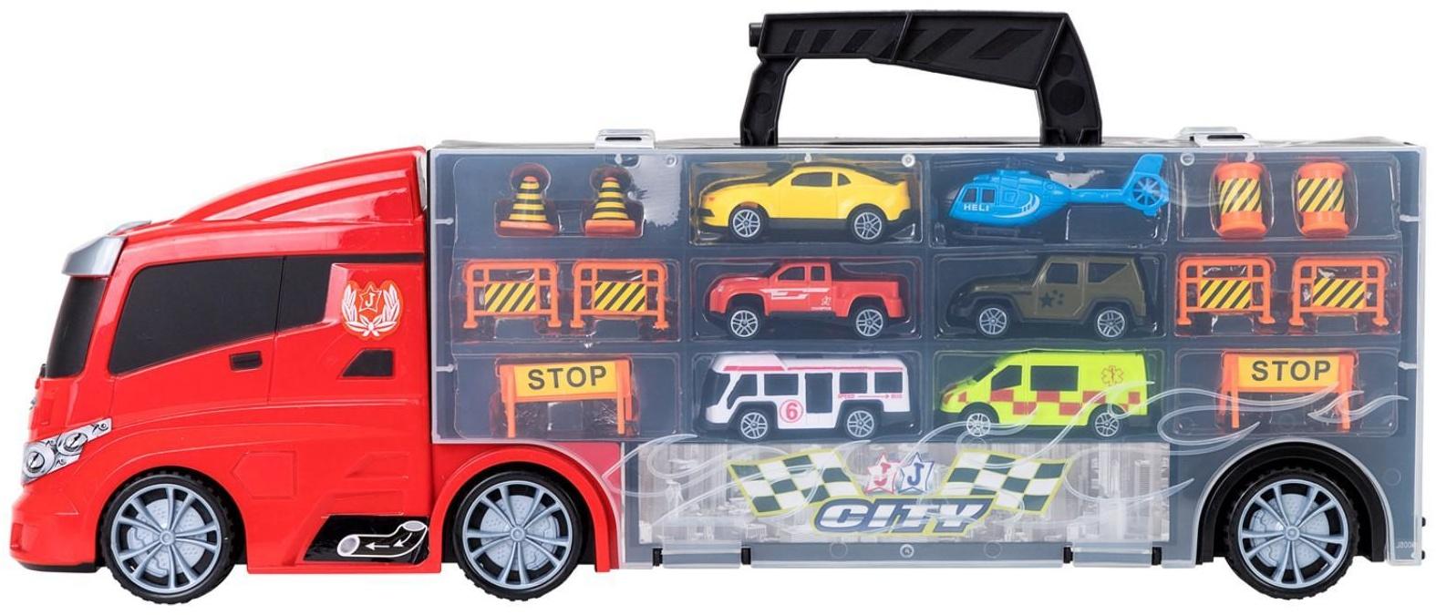 Автовоз - кейс 51,5 см, с тоннелем, 4 машинки, 1 автобус, 1 вертолет и 10 дорожных знаков