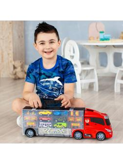 Автовоз - кейс 51,5 см, с тоннелем, 4 машинки, 1 автобус, 1 вертолет и 10 дорожных знаков