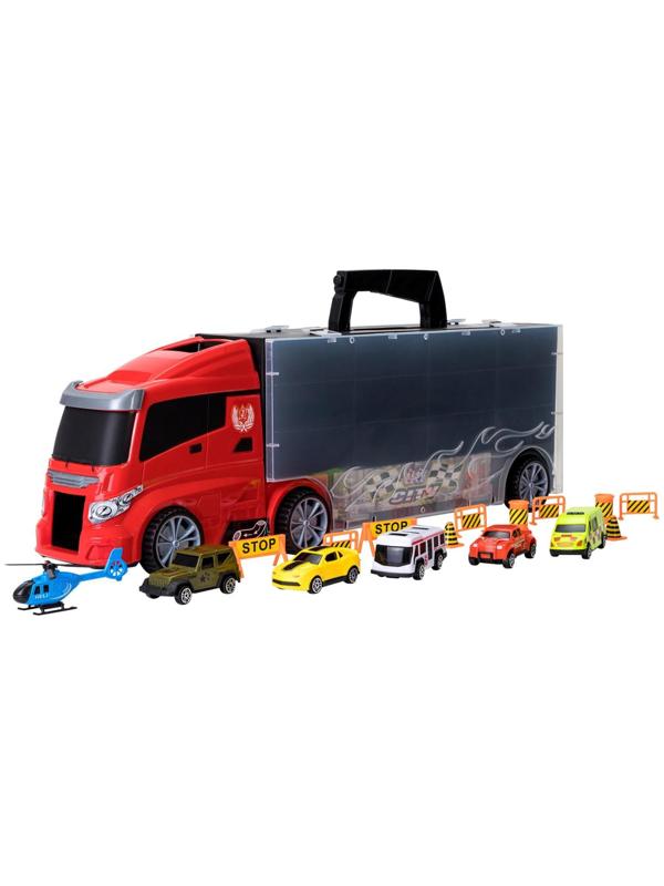 Автовоз - кейс 51,5 см, с тоннелем, 4 машинки, 1 автобус, 1 вертолет и 10 дорожных знаков
