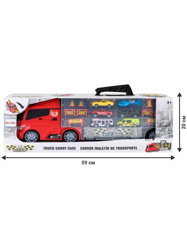 Автовоз - кейс 51,5 см, с тоннелем, 4 машинки, 1 автобус, 1 вертолет и 10 дорожных знаков