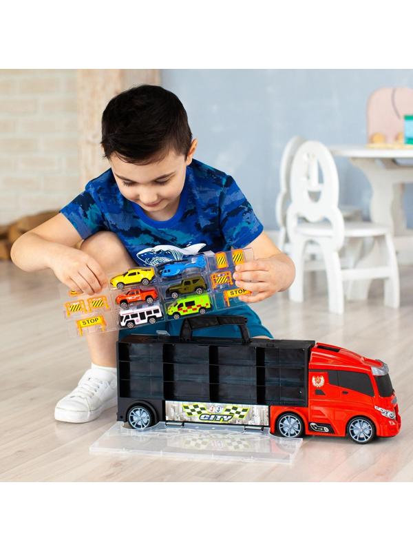 Автовоз - кейс 51,5 см, с тоннелем, 4 машинки, 1 автобус, 1 вертолет и 10 дорожных знаков