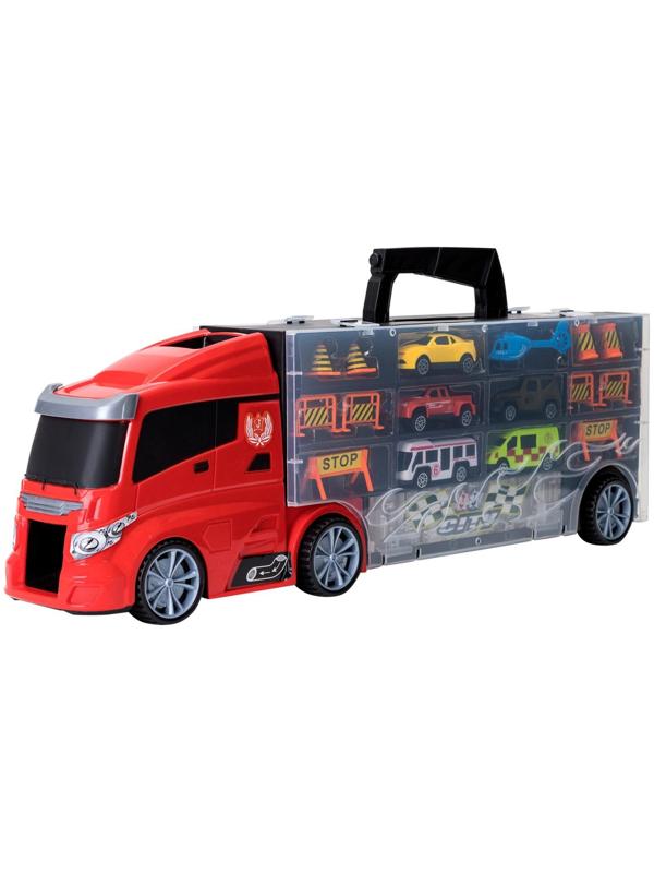 Автовоз - кейс 51,5 см, с тоннелем, 4 машинки, 1 автобус, 1 вертолет и 10 дорожных знаков