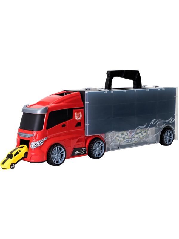 Автовоз - кейс 51,5 см, с тоннелем, 4 машинки, 1 автобус, 1 вертолет и 10 дорожных знаков