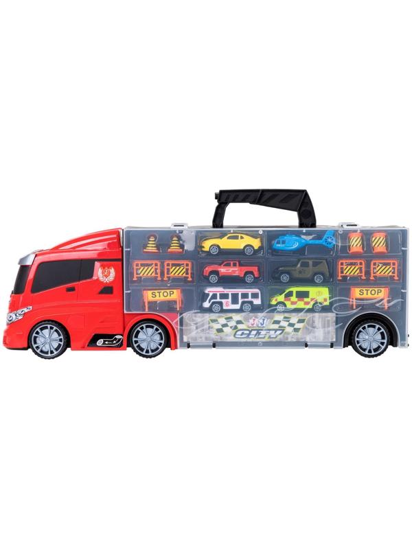 Автовоз - кейс 51,5 см, с тоннелем, 4 машинки, 1 автобус, 1 вертолет и 10 дорожных знаков