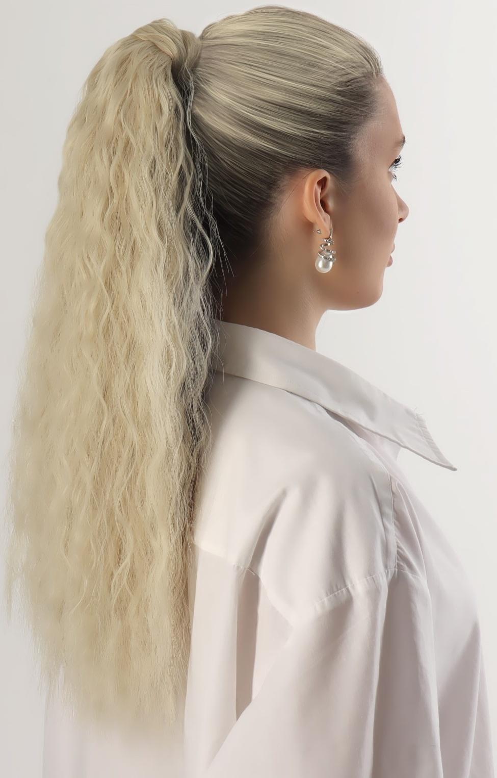 Хвост накладной, волнистый волос, на резинке, 60 см, 100 гр, цвет холодный блонд(#SHT88В)