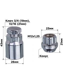 Гайки секретки Skyway, M12х1.25 21мм, конус открытый, 5 луч, 1 кл, хром, 4 шт