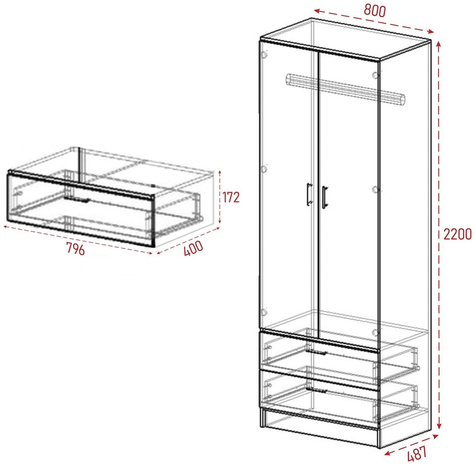 Шкаф платяной Дуэт, 800х480х2200, Дуб вотан/Белый
