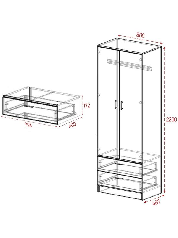 Шкаф платяной Дуэт, 800х480х2200, Дуб вотан/Белый