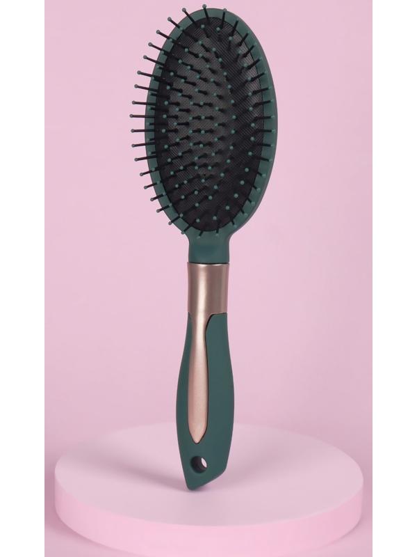 Расчёска массажная, прорезиненная ручка, 7 × 25 см, цвет зелёный/золотистый