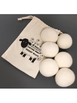 Шерстяные шарики для стирки и сушки белья, 6 см, белые, 25 гр / 6 шт.