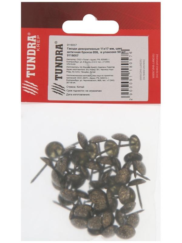 Гвозди ТУНДРА, декоративные, 11х17 мм, античная бронза, 50 шт