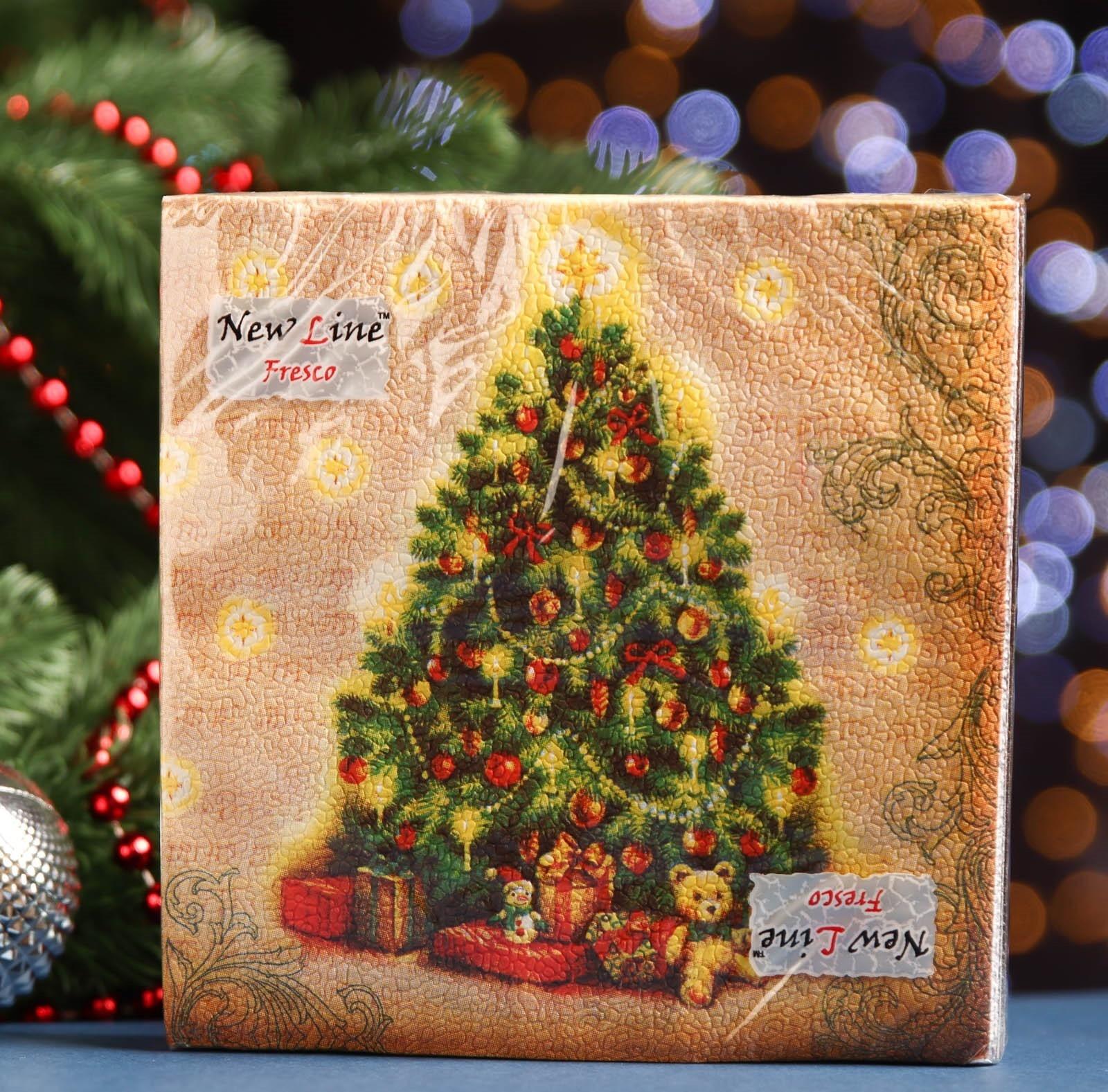 Новогодние салфетки бумажные New Line Fresco «Ёлка», 33х33 см, 2 слоя