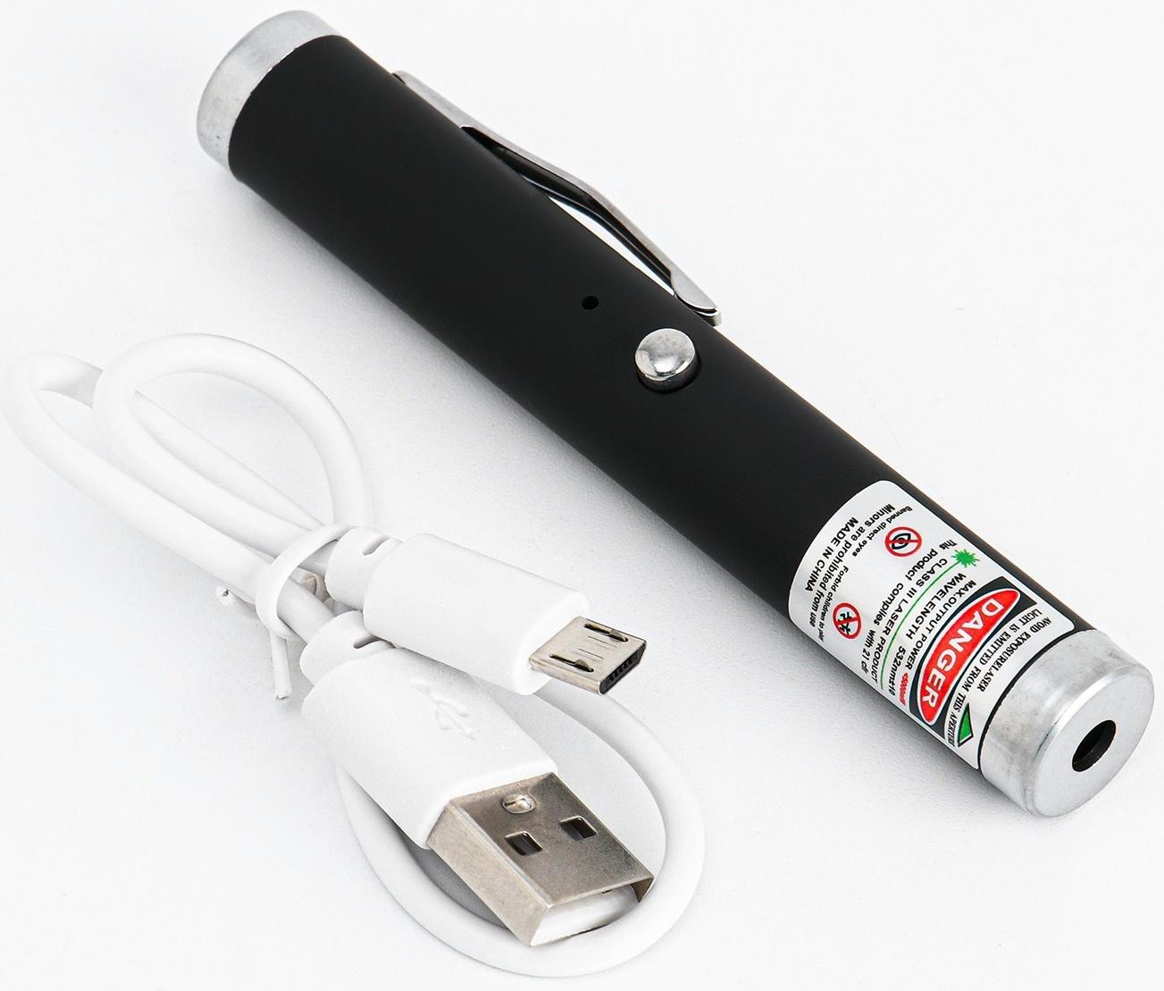 Лазерная указка 532 нм, 500 мАч, дальность 1 км, microUSB, зеленый луч