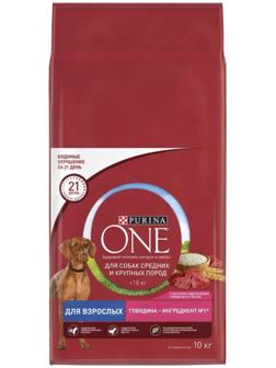 Сухой корм Purinа One medium/maxi для взрослых собак, говядина/рис, 10 кг