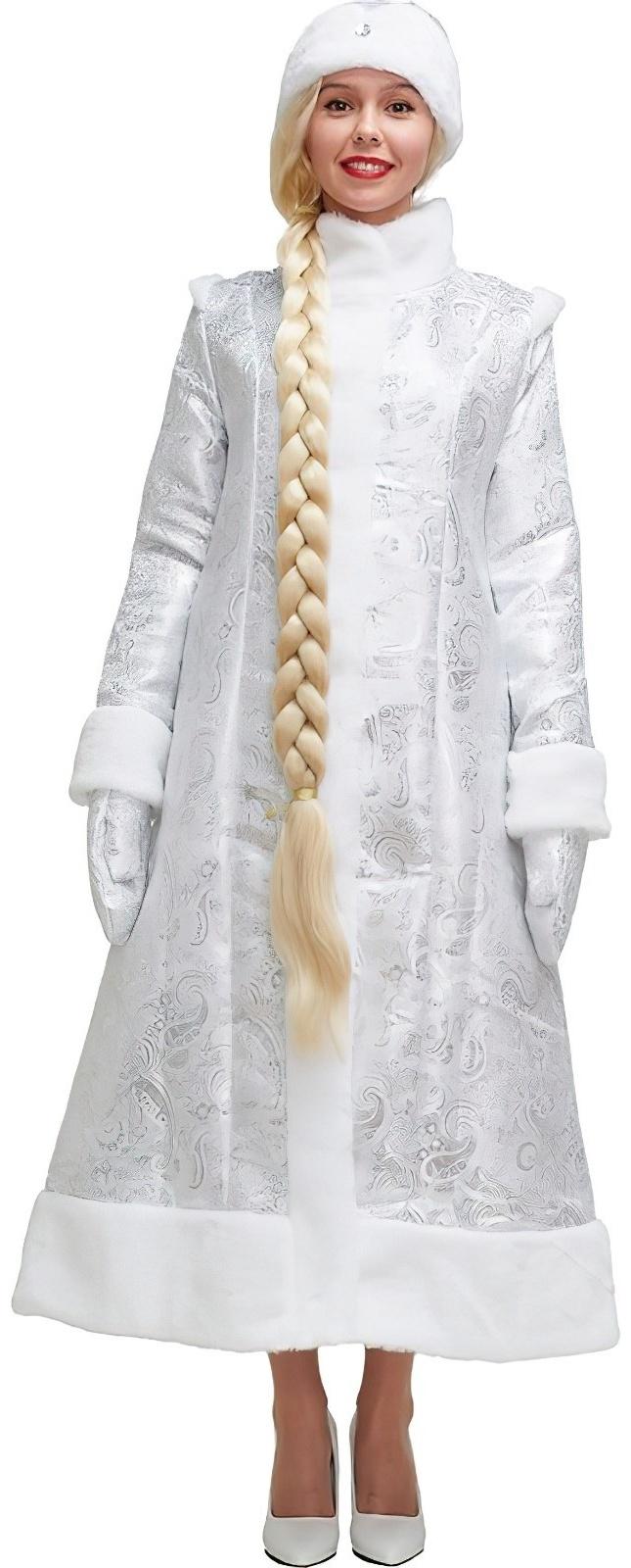 Карнавальный костюм «Снегурочка», шуба из парчи длинная, цвет серебристый, р. 50