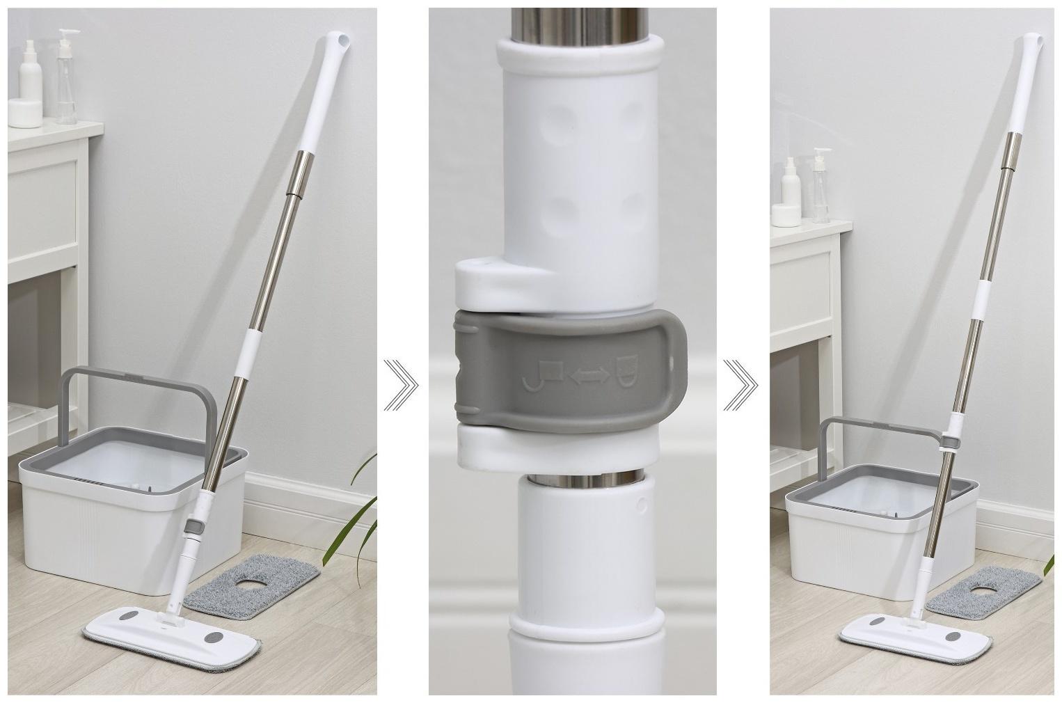 Швабра с отжимом и ведро с подачей воды Raccoon, 34×34×19 см, прямоугольная швабра 30×14×134 см, 2 насадки из микрофибры
