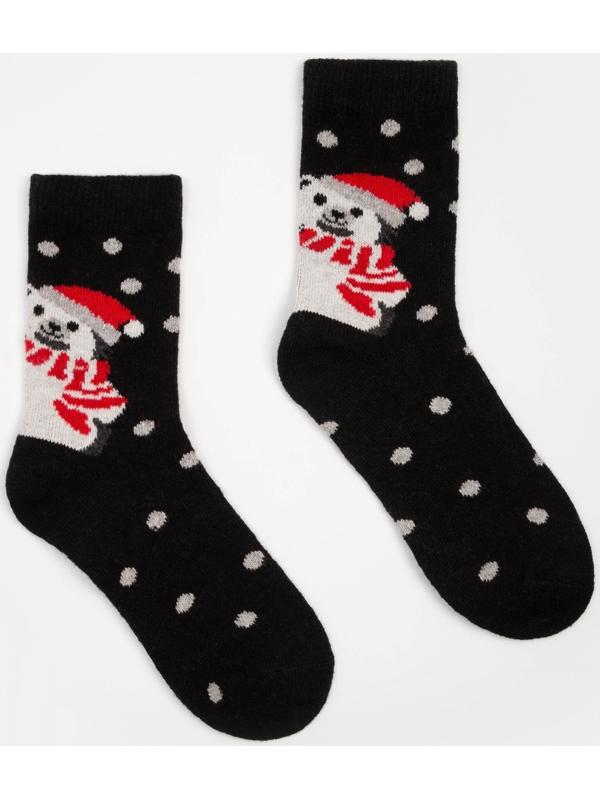 Носки женские шерстяные «Медведь в шапке», цвет чёрный, размер 36-40