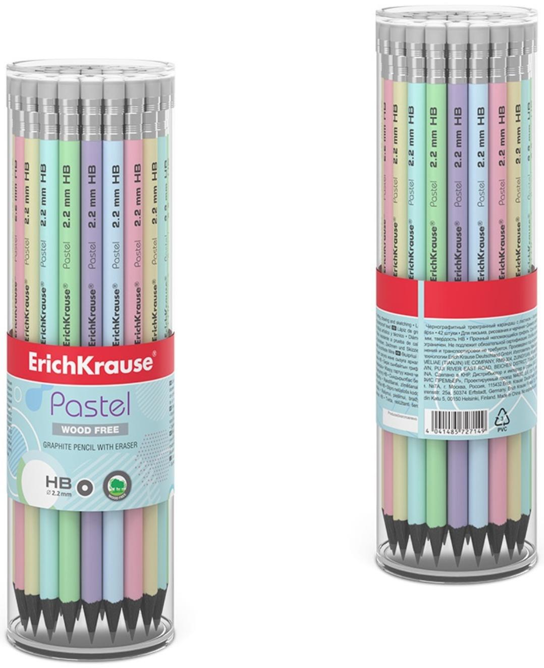 Карандаш чернографитный с ластиком ErichKrause Pastel, HB, грифель d= 2.2 мм, круглый, корпус из биоразлагаемого пластика