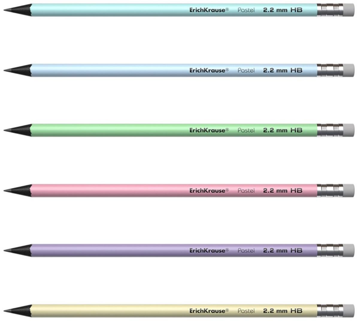 Карандаш чернографитный с ластиком ErichKrause Pastel, HB, грифель d= 2.2 мм, круглый, корпус из биоразлагаемого пластика