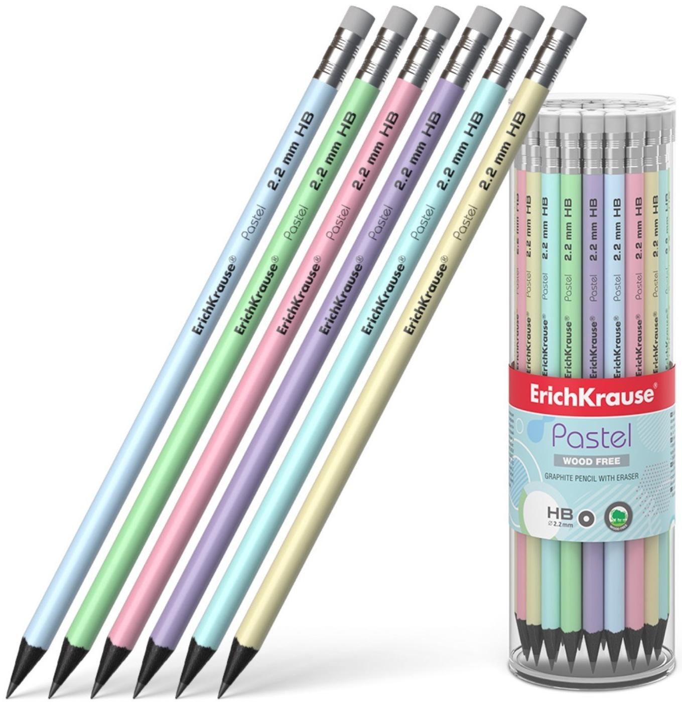Карандаш чернографитный с ластиком ErichKrause Pastel, HB, грифель d= 2.2 мм, круглый, корпус из биоразлагаемого пластика