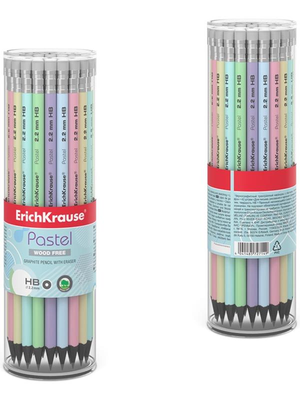 Карандаш чернографитный с ластиком ErichKrause Pastel, HB, грифель d= 2.2 мм, круглый, корпус из биоразлагаемого пластика