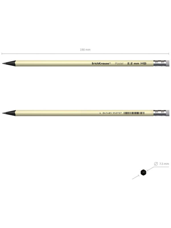 Карандаш чернографитный с ластиком ErichKrause Pastel, HB, грифель d= 2.2 мм, круглый, корпус из биоразлагаемого пластика