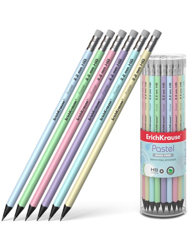 Карандаш чернографитный с ластиком ErichKrause Pastel, HB, грифель d= 2.2 мм, круглый, корпус из биоразлагаемого пластика