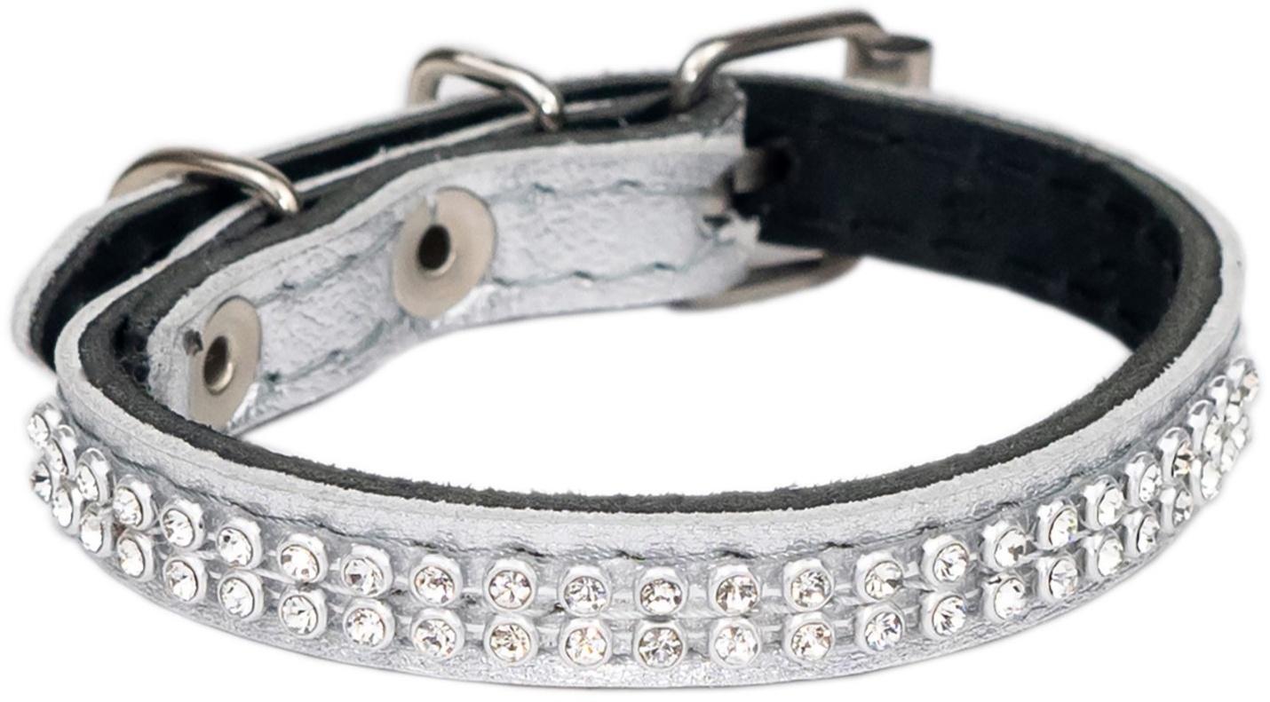 Ошейник кожаный двухслойный со стразами, ширина 1 см, ОШ 16-22 см, серебряный
