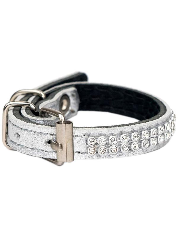 Ошейник кожаный двухслойный со стразами, ширина 1 см, ОШ 16-22 см, серебряный