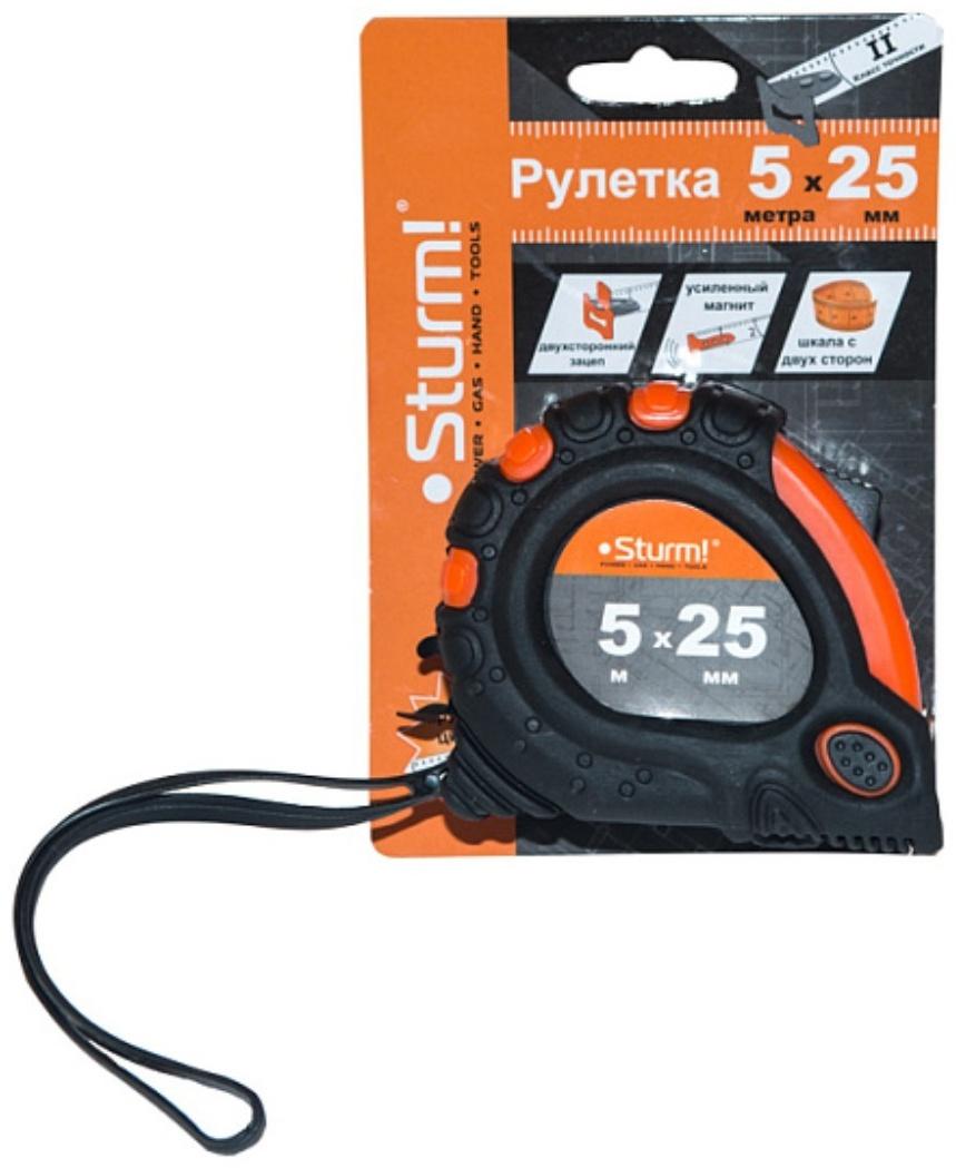 Рулетка STURM, 5 м х 25 мм, стальная лента, закрытый корпус, магнитный зацеп