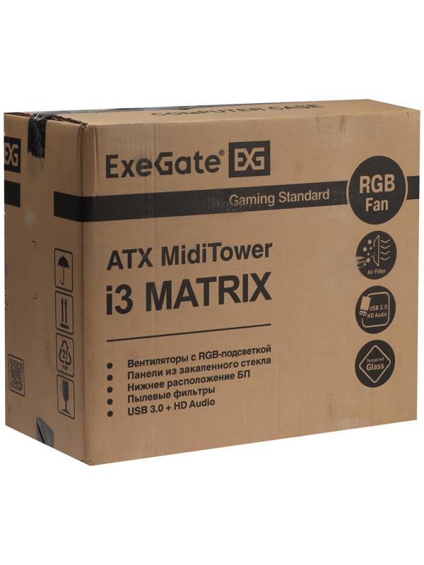 Корпус ExeGate Miditower i3 MATRIX, без БП, ATX, 2хUSB 2.0, 1хUSB 3.0, подсветка, чёрный