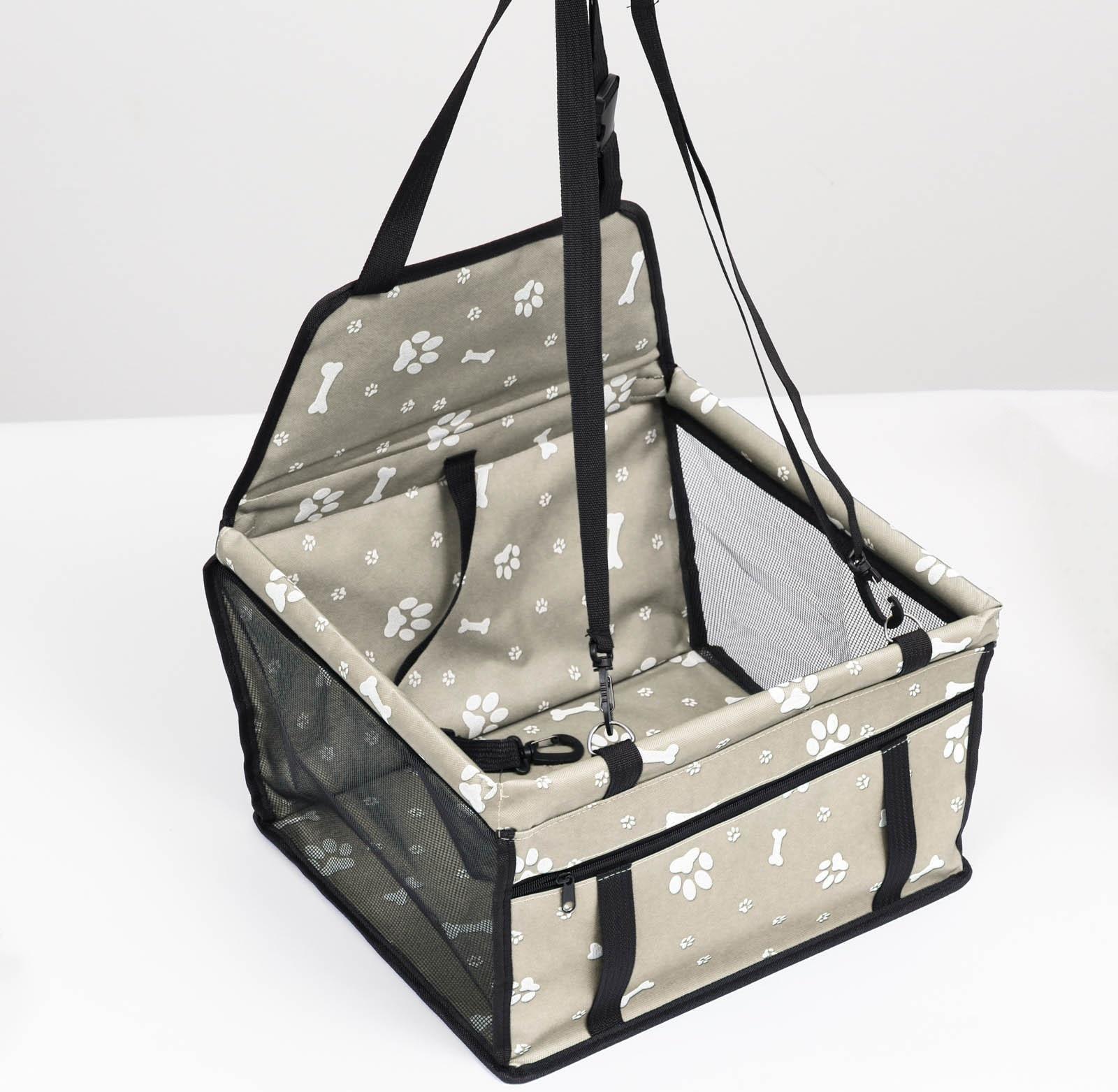 Автокресло для животных 40*30*25 см, серое с белыми лапками и косточками