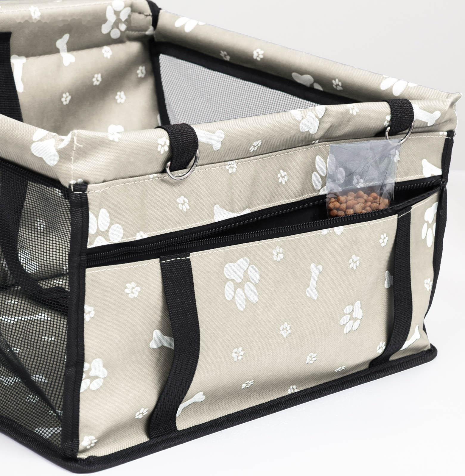 Автокресло для животных 40*30*25 см, серое с белыми лапками и косточками