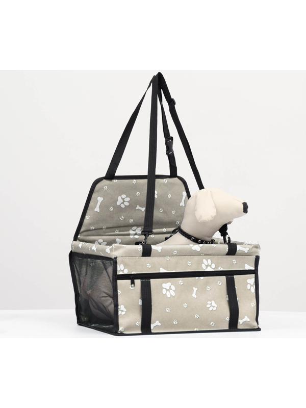 Автокресло для животных 40*30*25 см, серое с белыми лапками и косточками