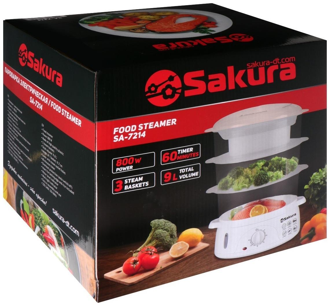 Пароварка Sakura SA-7214, электрическая, 800 Вт, 9 л, 3 яруса, белая