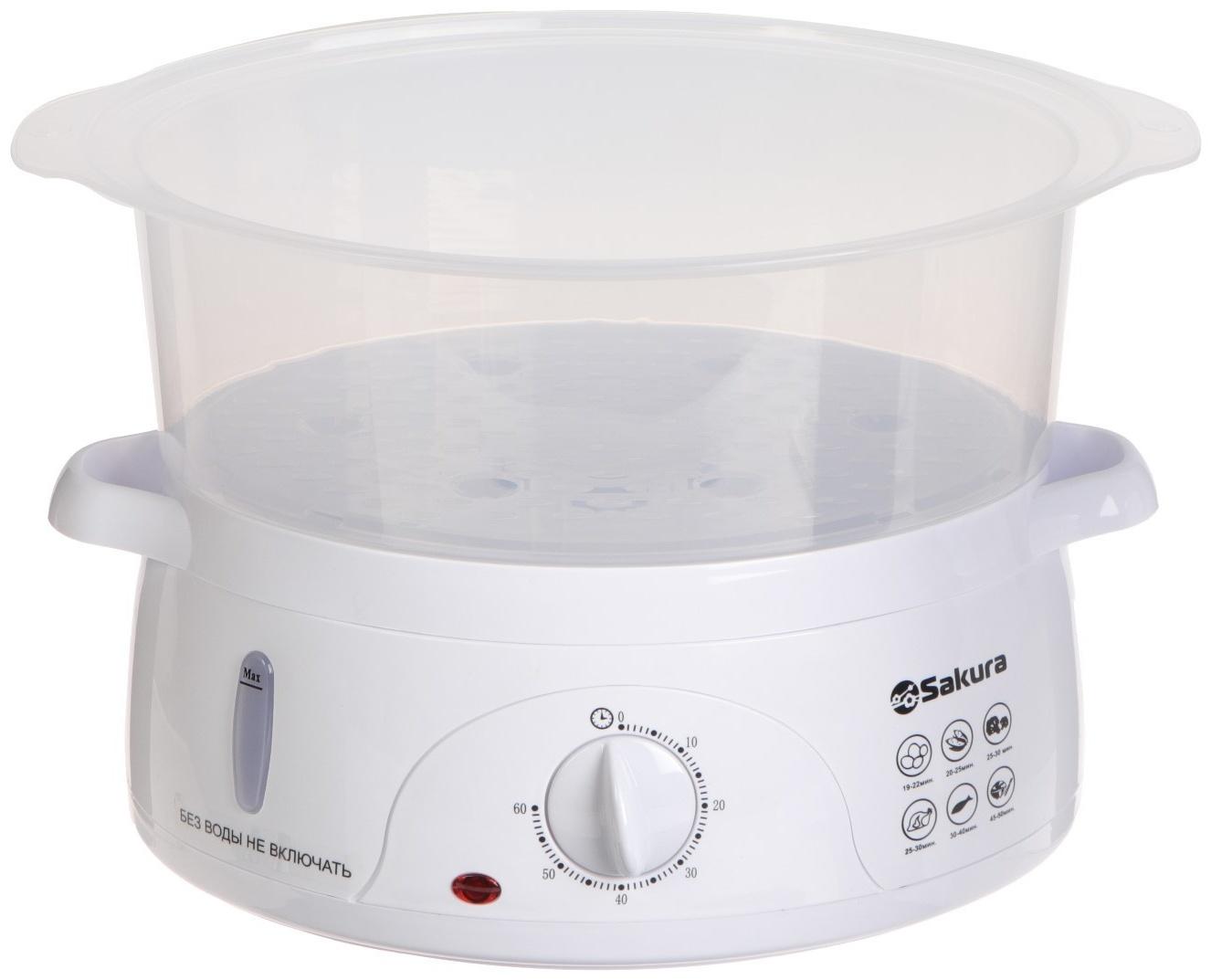 Пароварка Sakura SA-7214, электрическая, 800 Вт, 9 л, 3 яруса, белая