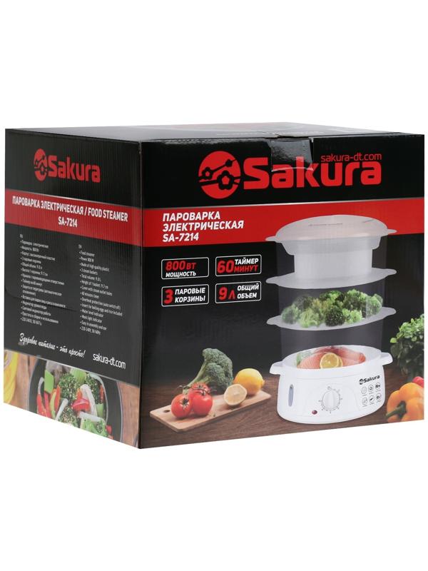 Пароварка Sakura SA-7214, электрическая, 800 Вт, 9 л, 3 яруса, белая