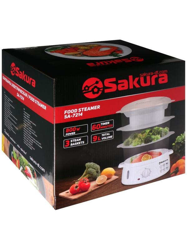 Пароварка Sakura SA-7214, электрическая, 800 Вт, 9 л, 3 яруса, белая