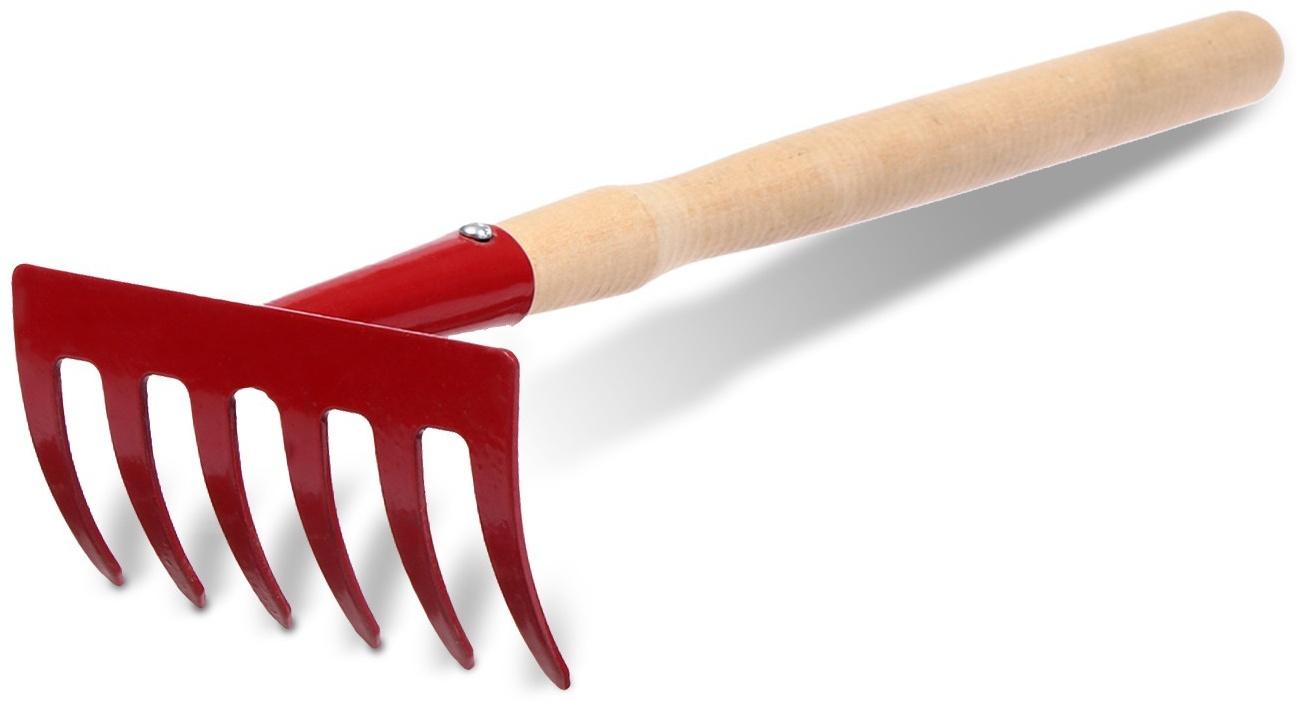 Малые прямые грабли, 6 зубцов, длина 31 см, металл, деревянная ручка