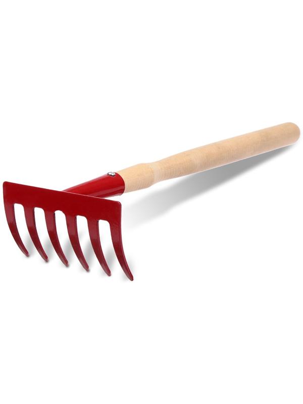 Малые прямые грабли, 6 зубцов, длина 31 см, металл, деревянная ручка