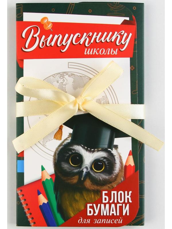 Блок бумаги для записей с липким слоем «Выпускнику школы» в открытке с лентой, 30 листов.