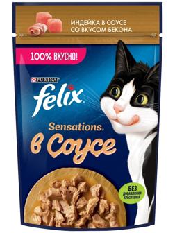 Влажный корм Felix Sensations для кошек индейка/бекон в соусе, 75 г