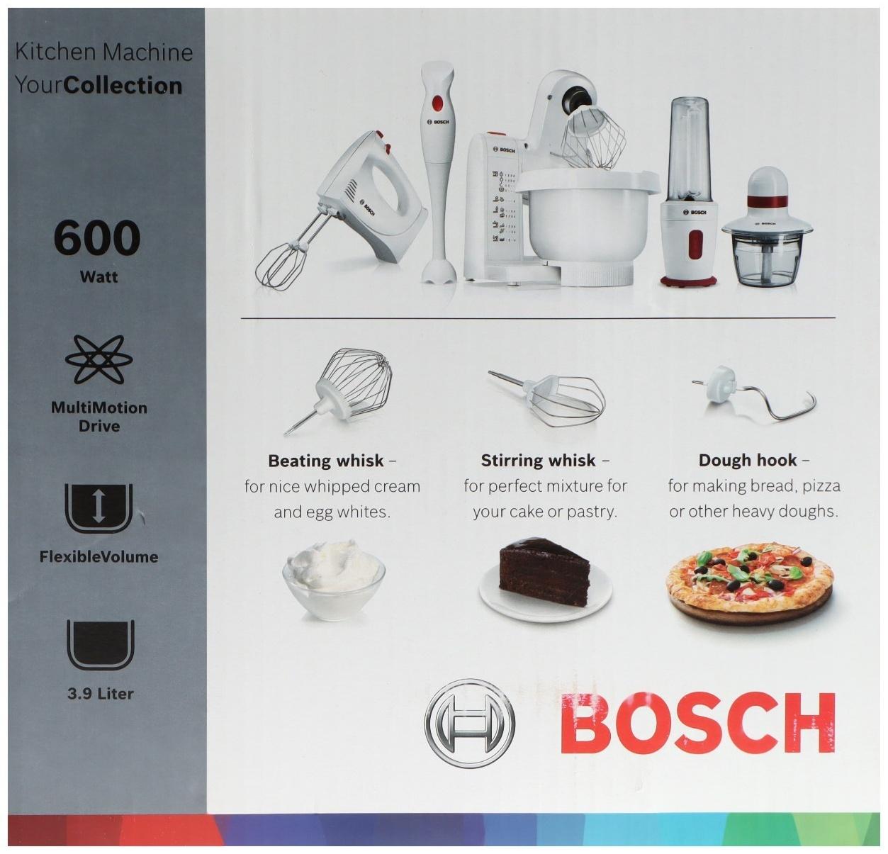 Кухонная машина Bosch MUMP1000, 600 Вт, 3.9 л, 4 скорости, 3 насадки, белая