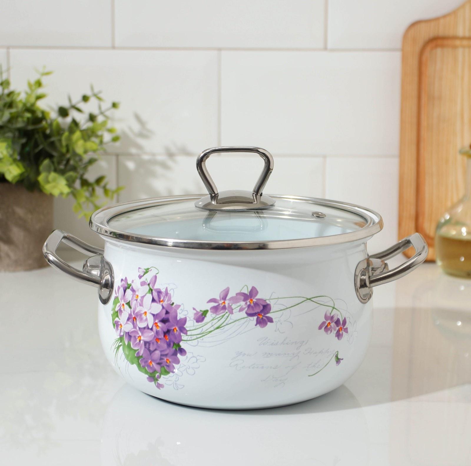 Кастрюля «Сирень», 2,1 л, стеклянная крышка