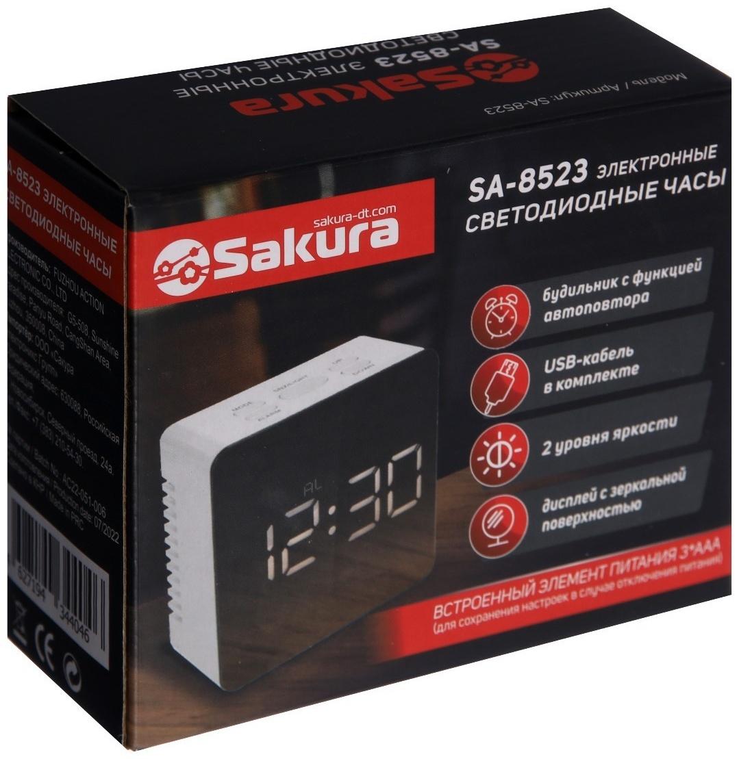 Часы-будильник Sakura SA-8523, электронные, будильник, 3хААА, белые