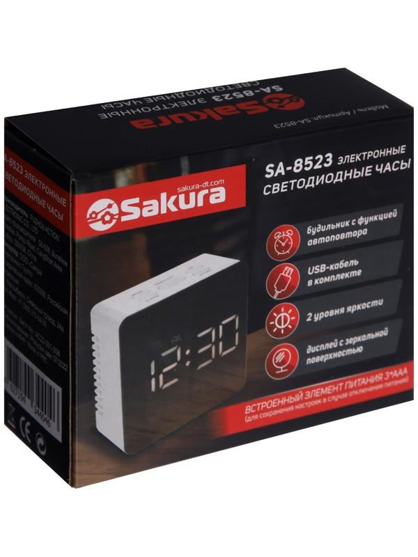 Часы-будильник Sakura SA-8523, электронные, будильник, 3хААА, белые