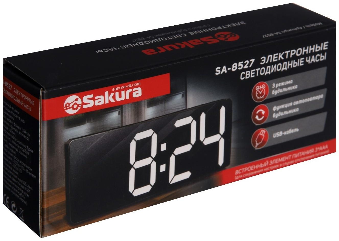 Часы-будильник Sakura SA-8527, электронные, будильник, 3хААА, чёрные