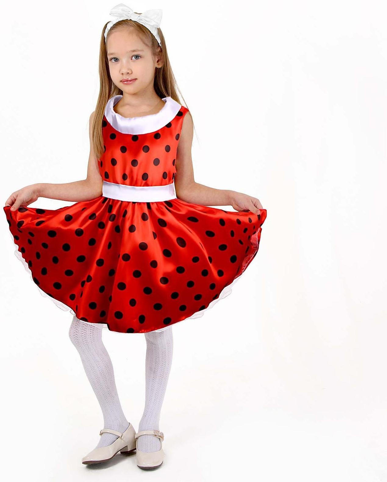 Карнавальный костюм «Стиляги 1», платье красное в чёрный горох, повязка, р. 30, рост 110-116 см